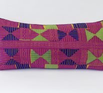 Rectangular, hand-embroidered cushion - strong geometric pattern in pink , green ,red and purple