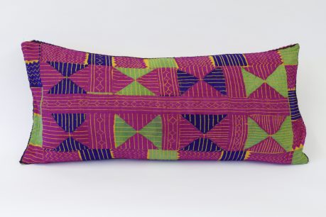 Rectangular, hand-embroidered cushion - strong geometric pattern in pink , green ,red and purple