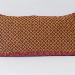 Rectangular, hand-embroidered tribal cushion - strong geometric pattern in green with red background