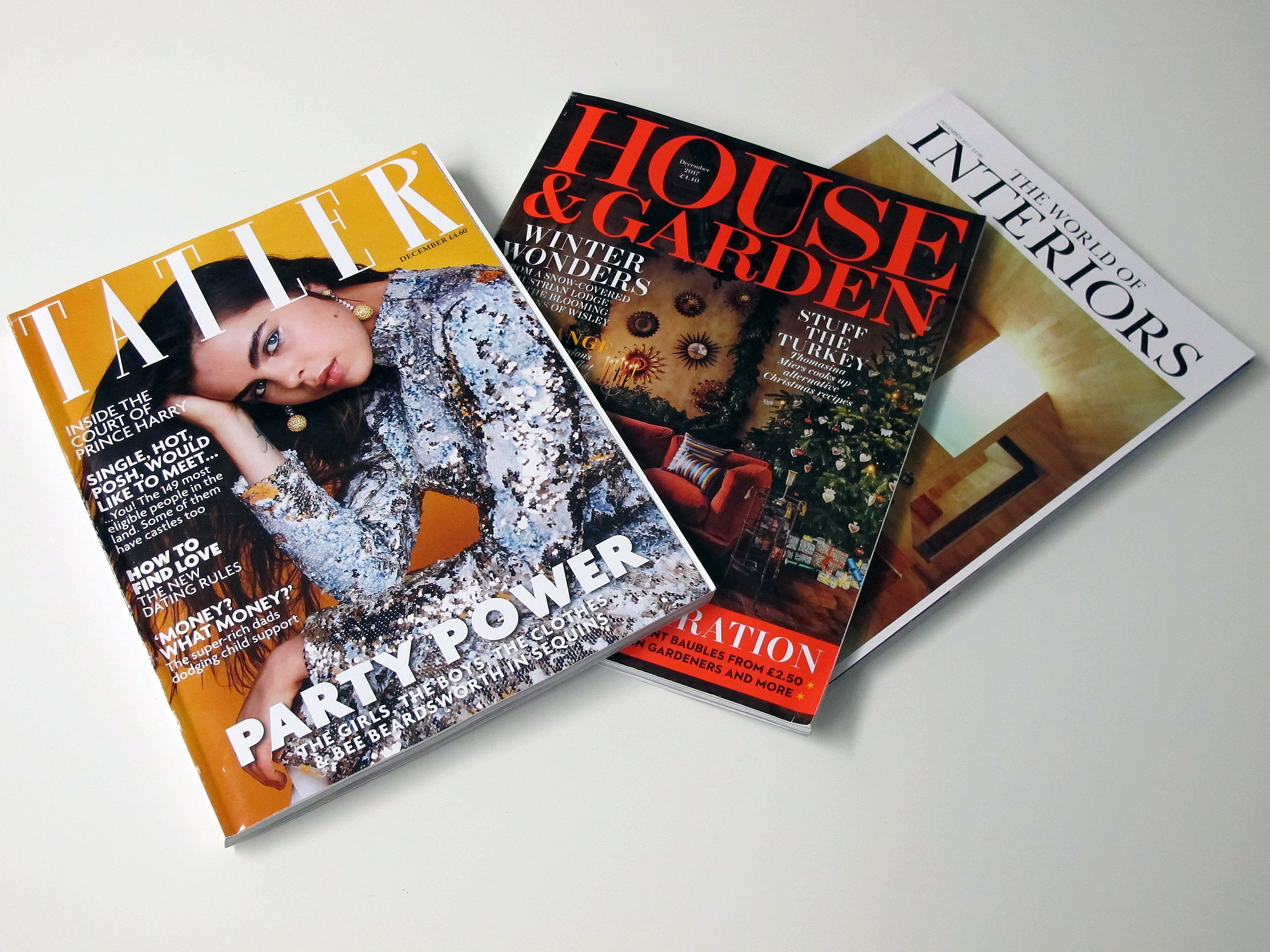 Tatler, House & Garden, The World of Interiors December covers