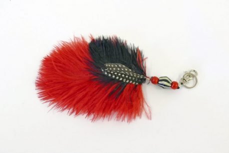 Key ring made with red and black Ostrich feathers
