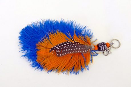 Key ring made with dyed Blue and orange Ostrich feathers
