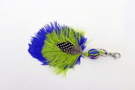 Key ring made with blue and green Ostrich feathers