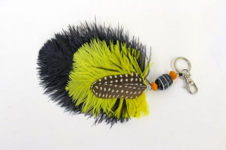 Key ring made with dyed black and yellow Ostrich feathers