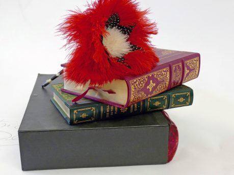 Pen with dyed red and white Ostrich feathers