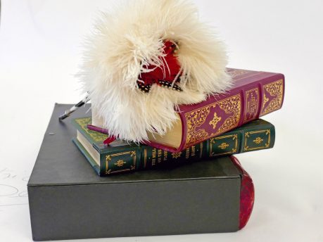 Pen with dyed white and red Ostrich feathers