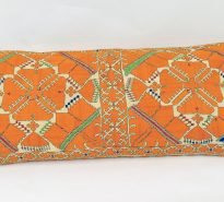 Rectangular, hand-embroidered cushion - mainly orange with green, red and blue stripes