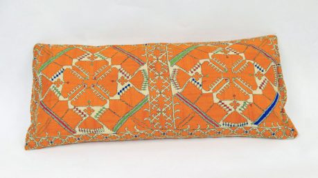 Rectangular, hand-embroidered cushion - mainly orange with green, red and blue stripes