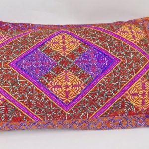 Rectangular, hand-embroidered cushion - red/pink/yellow - with large hot pink centred diamond