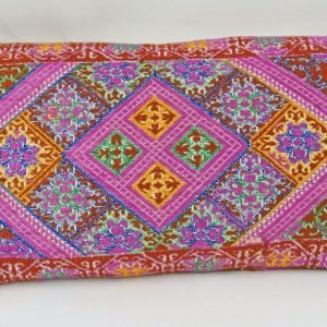 Rectangular, hand-embroidered cushion - mainly pink with multi-coloured (red/green/yellow) squares