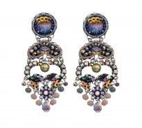 Dangly, studded earrings made using a combination of embroidery, textiles, beads and crystals