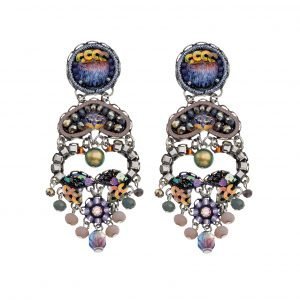 Dangly, studded earrings made using a combination of embroidery, textiles, beads and crystals