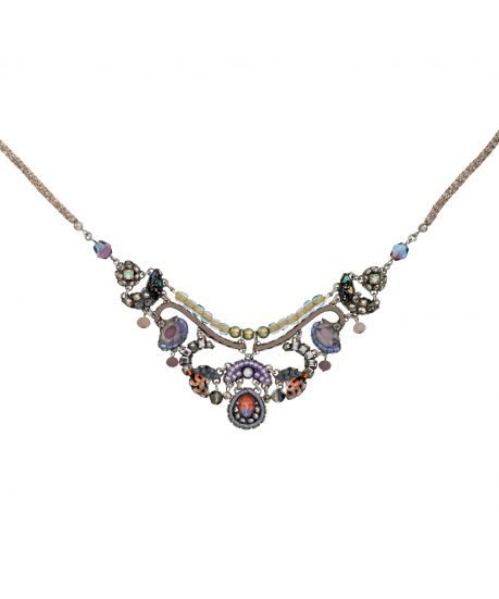 Intricate necklace made using beads, crystals, embroidery and textiles