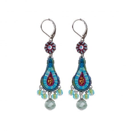 Dangly earrings created using a combination of embroidery, textiles, beads and crystals