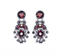 Studded dangly earrings made using a combination of embroidery, textiles, beads and crystals