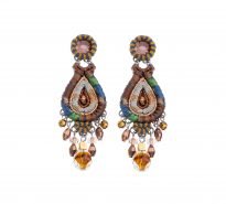 Dangly designer earrings made using a combination of beads, embroidery and crystals