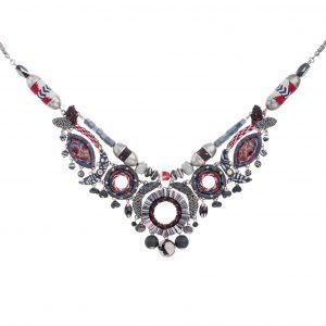 Intricate necklace made using beads, crystals, embroidery and textiles