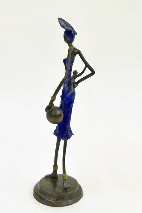 Hand-cast Burkina Faso bronze figurine - blue mother carrying pot and child