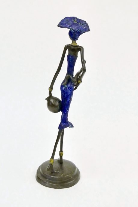 Hand-cast Burkina Faso bronze figurine - blue mother carrying pot and child