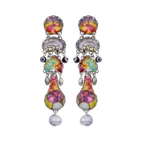Studded dangly earrings made using a combination of beads, crystals and embroidery