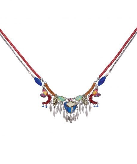 Intricate, designer necklace made using beads, crystals, embroidery and textiles