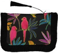 Black silk evening clutch bag featuring bright pink parrots with tropical design