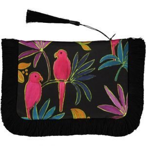 Black silk evening clutch bag featuring bright pink parrots with tropical design