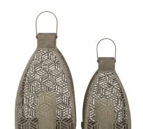 Pair of decorative, metal lanterns with intricate lattice design