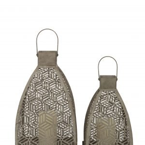 Pair of decorative, metal lanterns with intricate lattice design