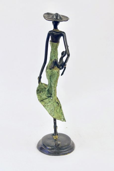 Hand-cast Burkina Faso bronze figurine - Verdigris lady with hat and child