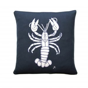 Marine themed navy linen cushion with lobster appliqued and hand-embroidered by Jan Constantine
