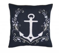 Marine themed navy linen cushion with anchor appliqued and hand-embroidered by Jan Constantine