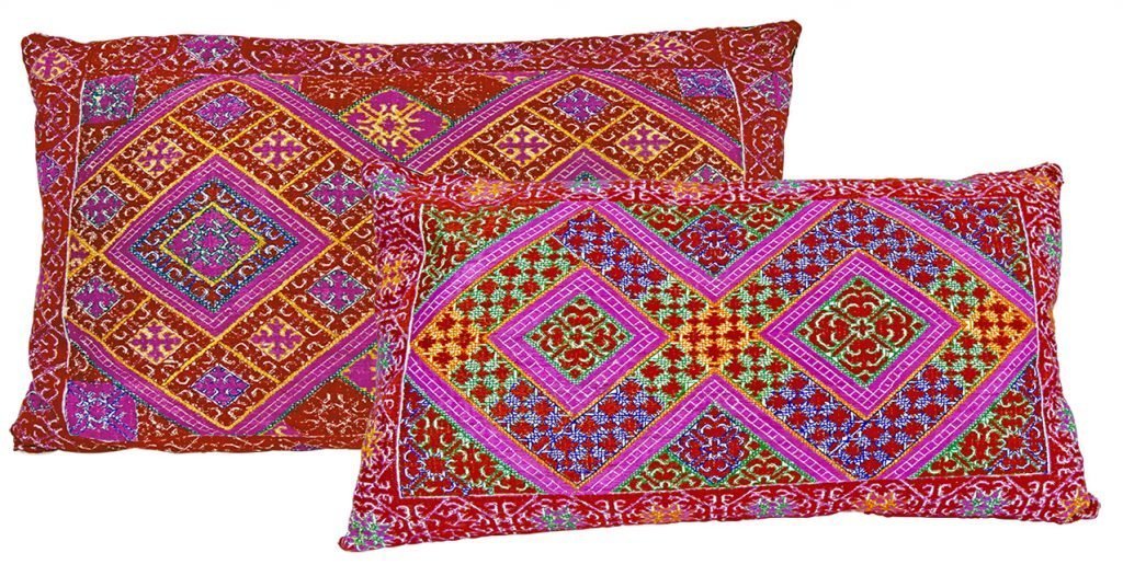 original vintage hand-embroidered rectangle Swat Valley Dowry cushions in colourful geometric tribal traditional designs 